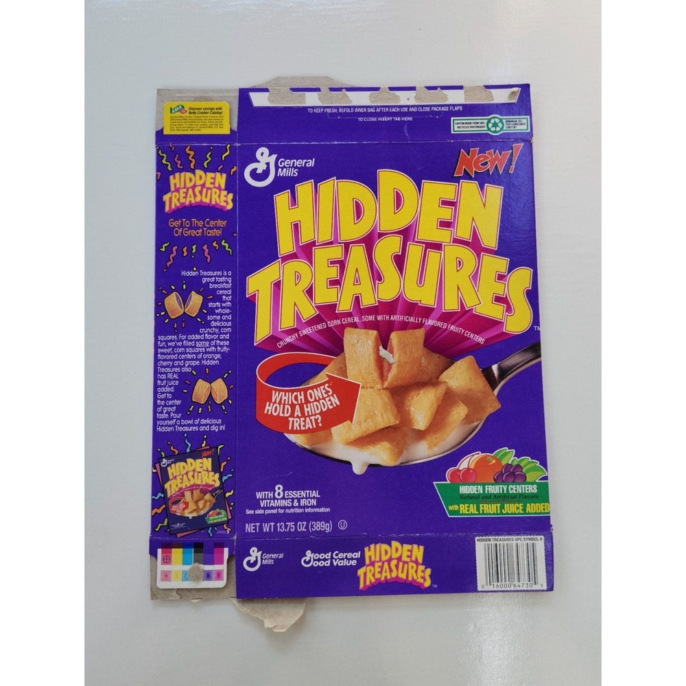 Vintage 1994 HIDDEN TREASURES Cereal Box GENERAL MILLS Packaging Food 90s RARE‎